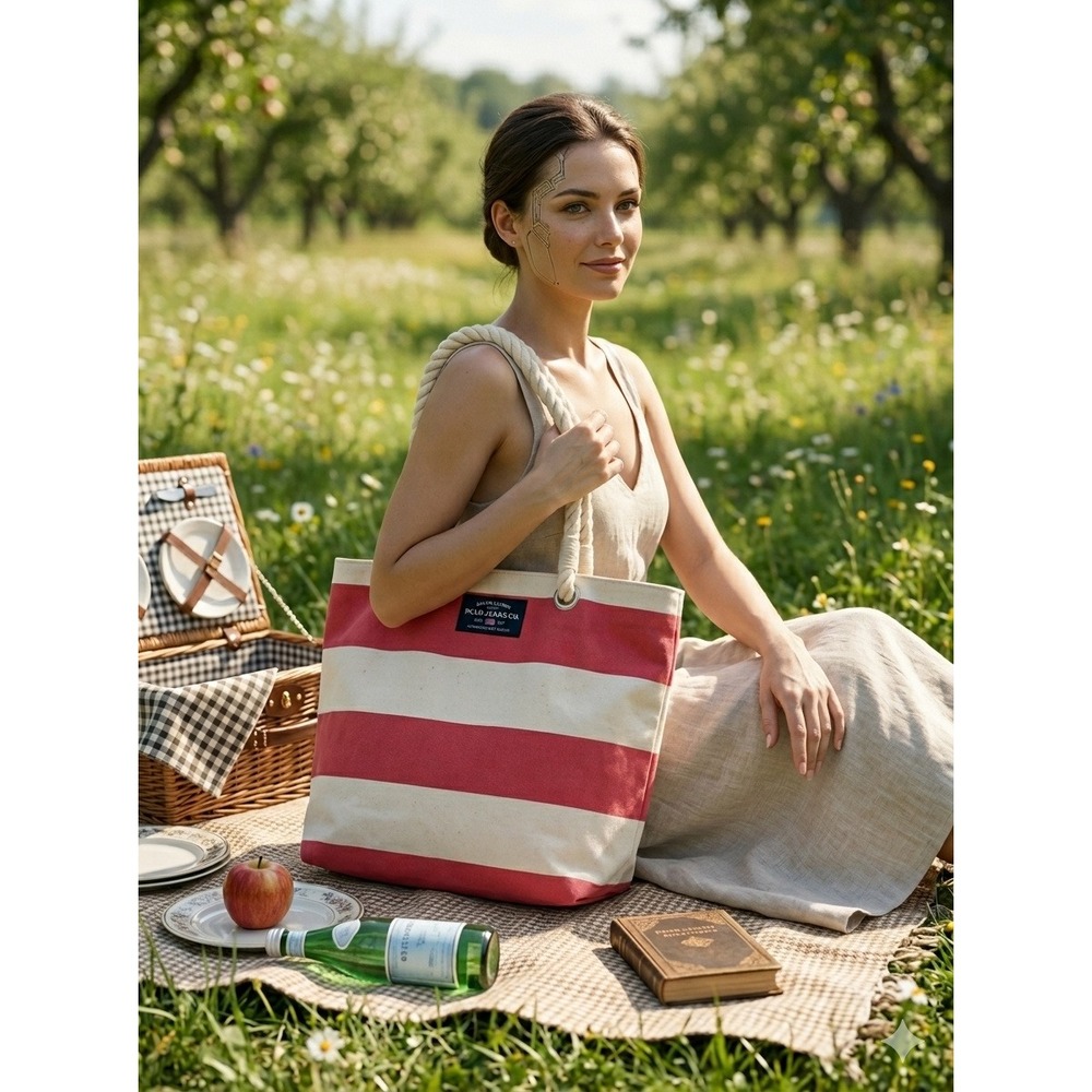 Ralph Lauren Polo Tote Bag Pink White Striped Canvas Rope Handle Nautical